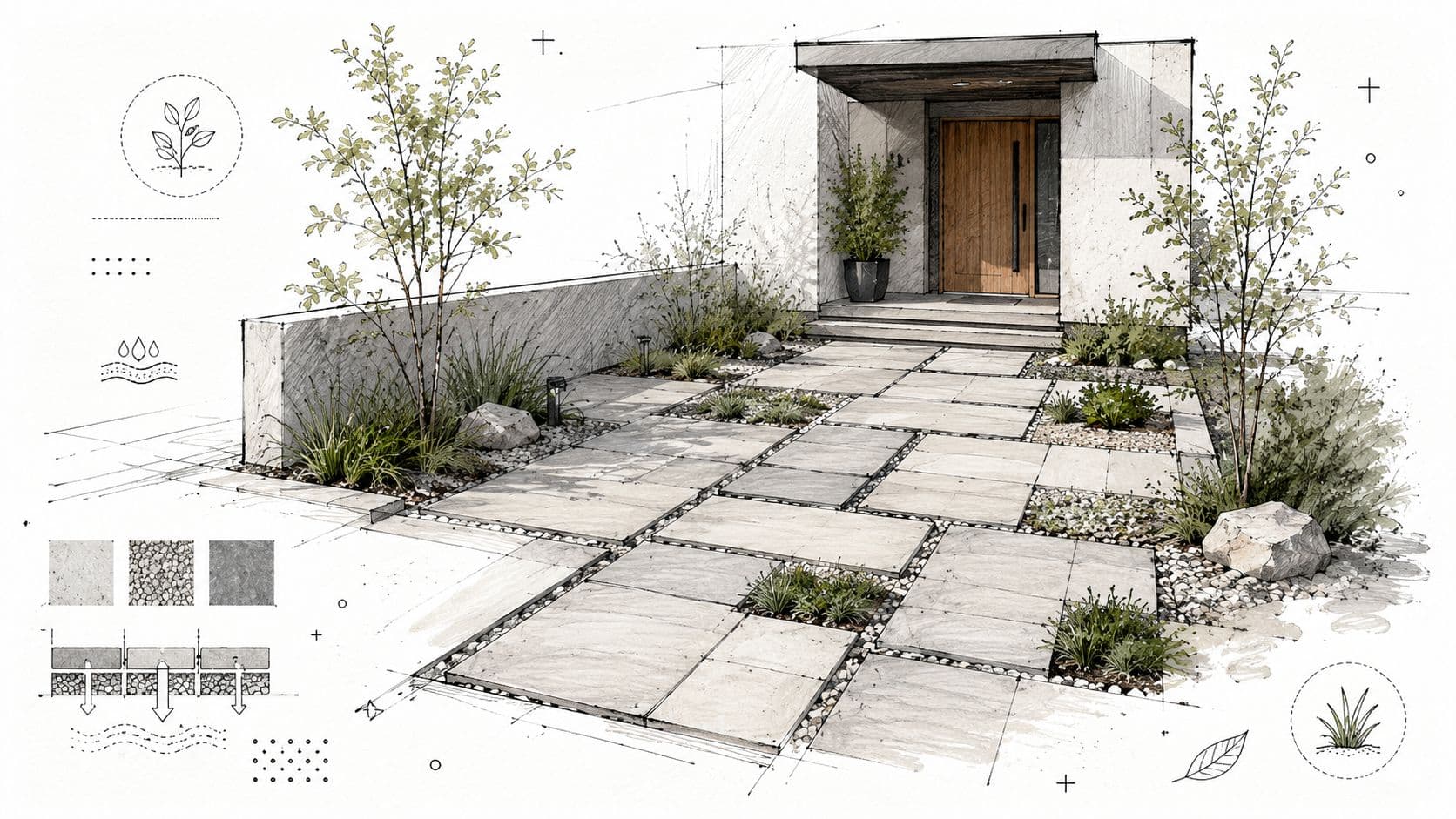 A conceptual architectural sketch of a modern front yard entrance featuring stone pavers and no grass.
