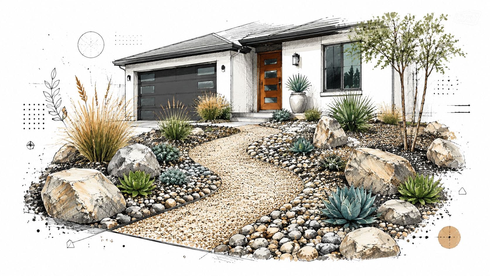 A modern front yard featuring drought-tolerant landscaping with decorative rocks, native grasses, and agave plants.