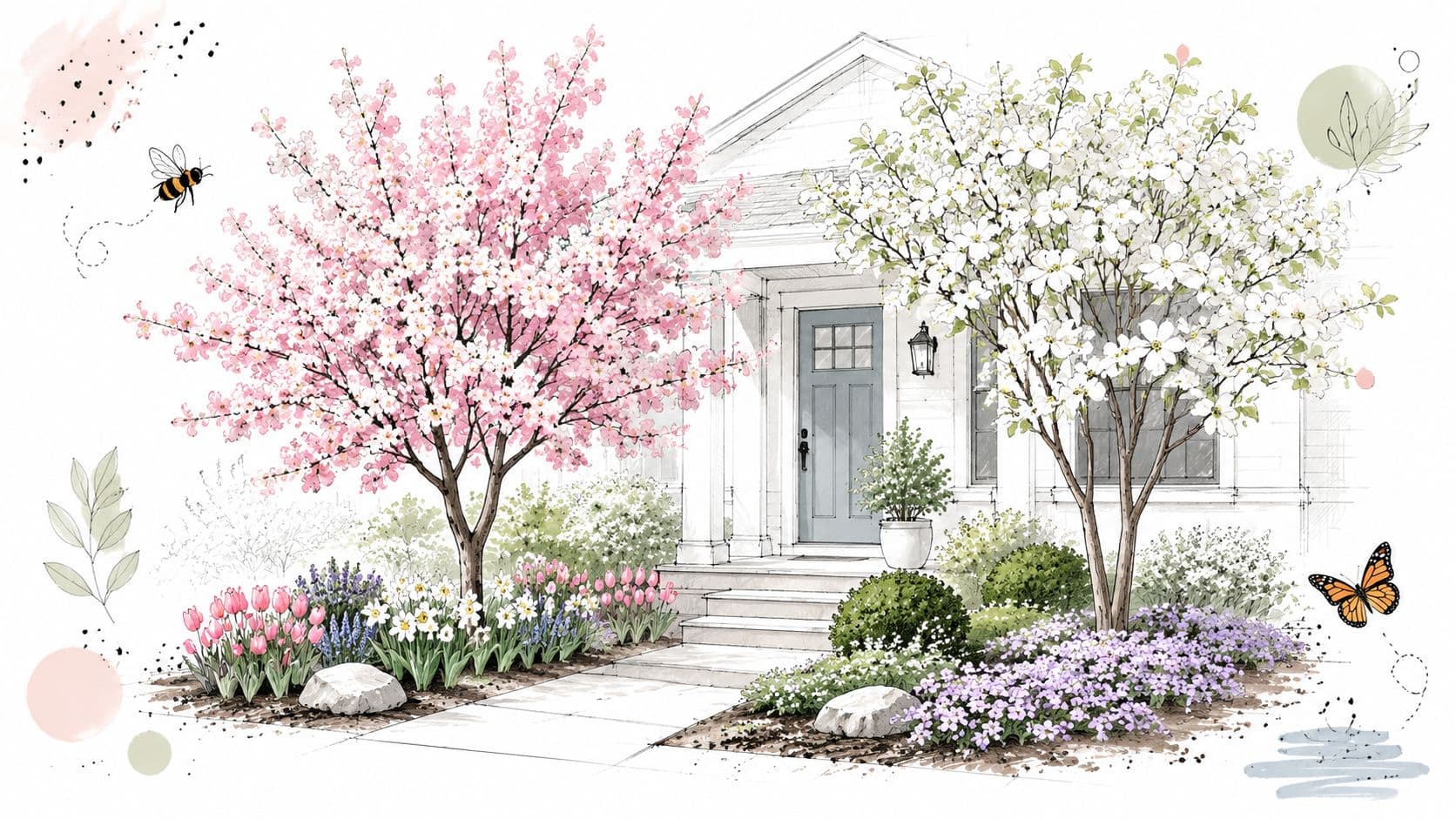 A beautiful residential front yard landscaping with flowering trees, colorful spring flowers, a walkway, and a house.