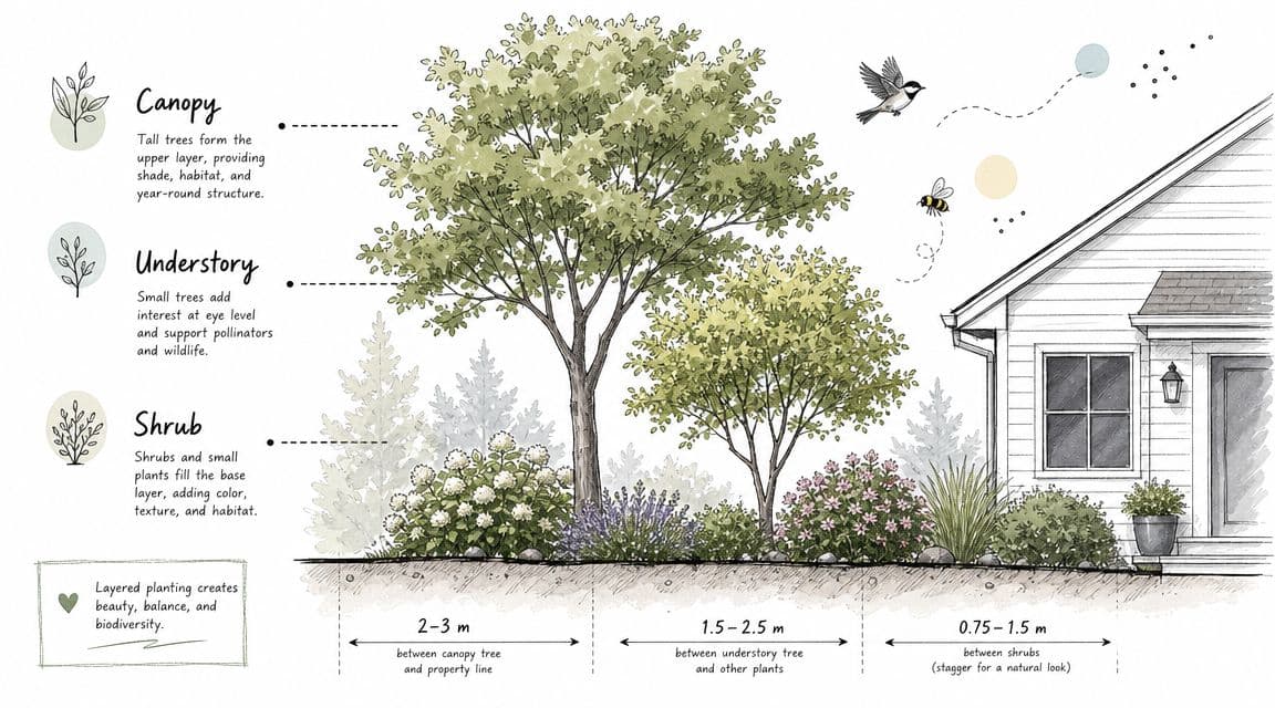 A diagram illustrating front yard landscaping layers including canopy trees, understory trees, and shrubs for a home.
