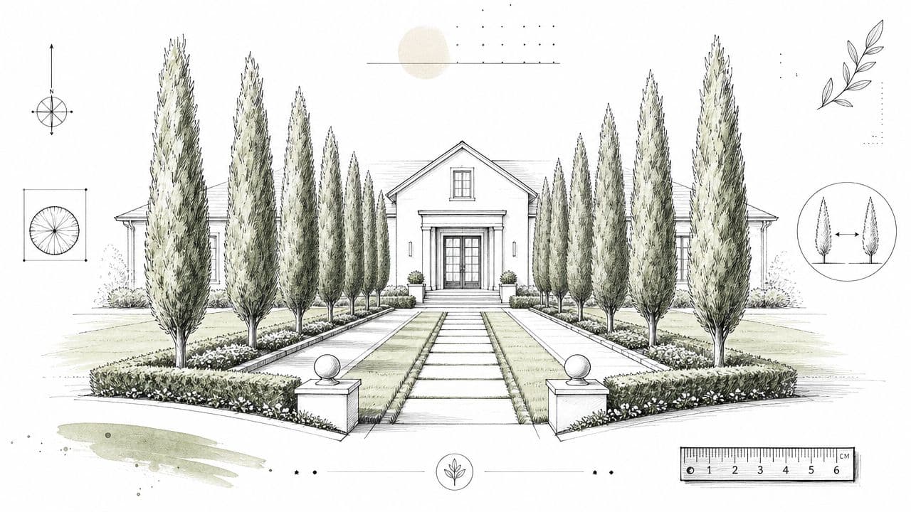 A sophisticated architectural sketch of a symmetrical front yard landscaping design with cypress trees and stone walkway.