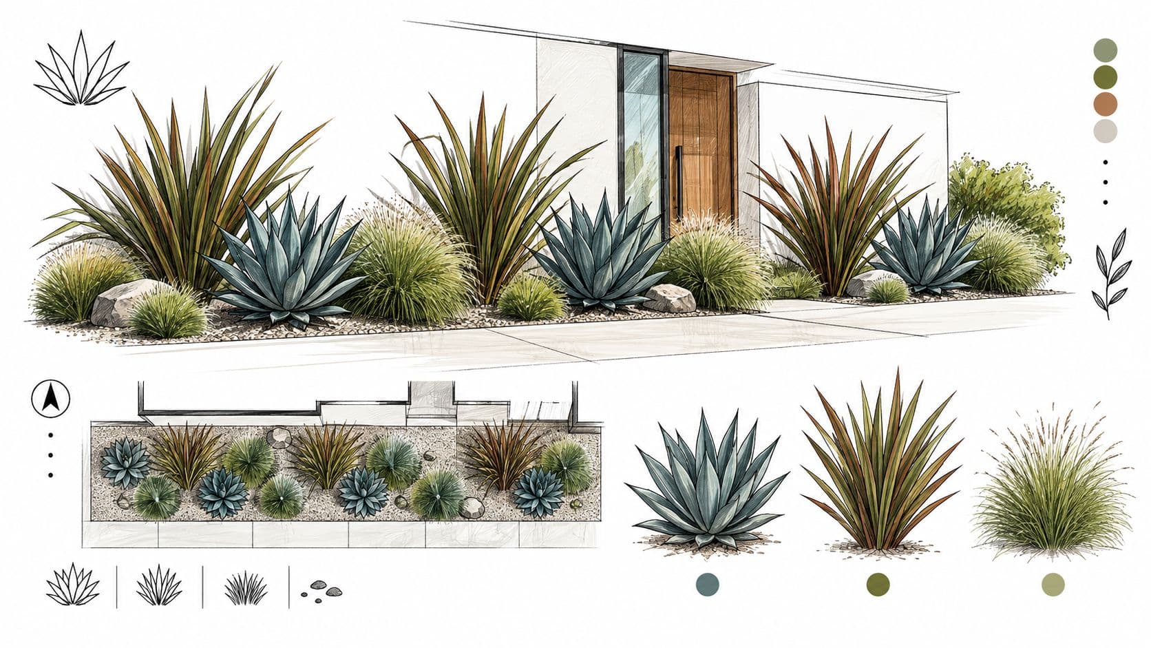 A modern landscaping design sketch for a front yard featuring succulents, ornamental grasses, and clean minimalist architecture.