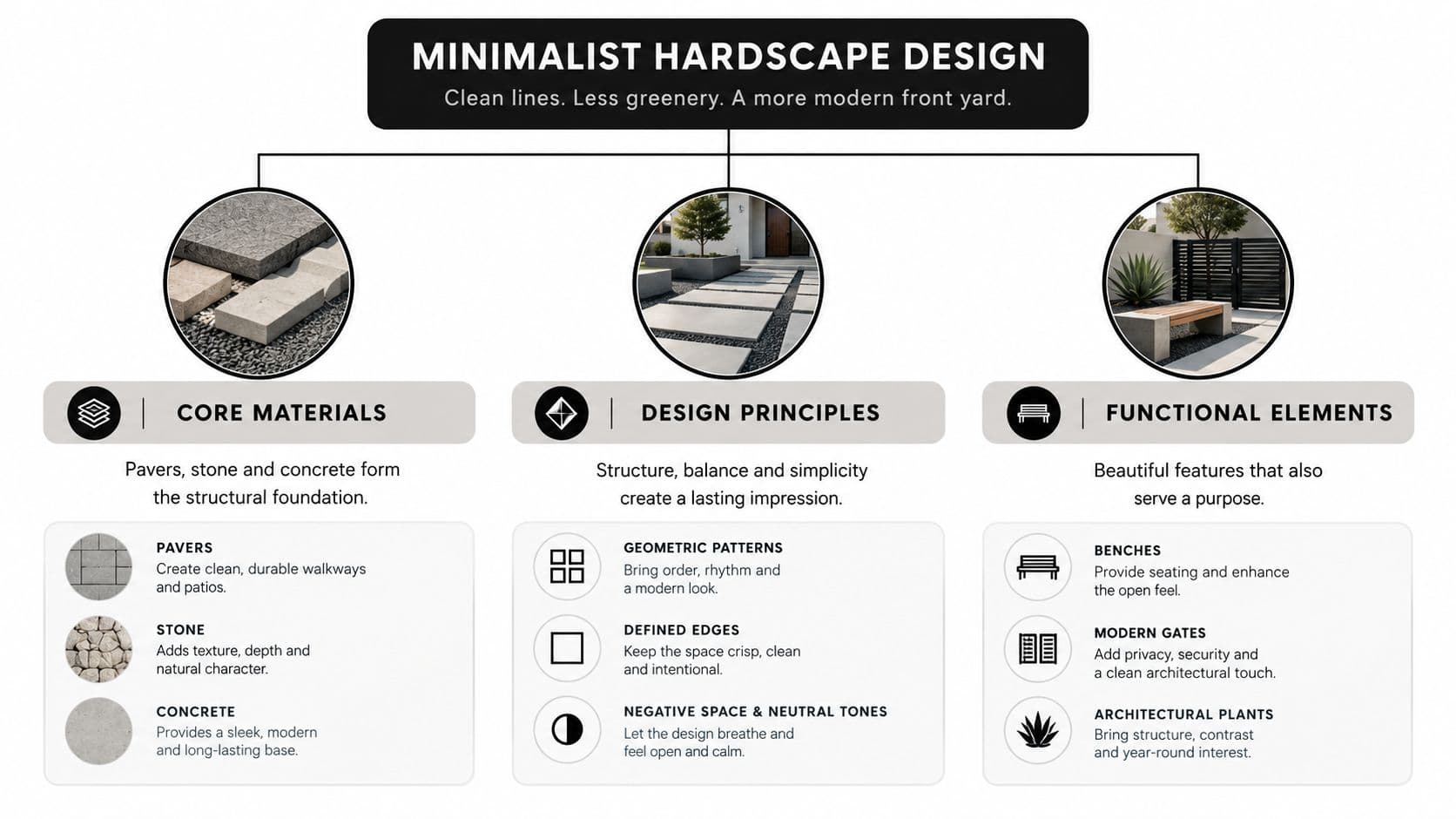 An infographic detailing minimalist hardscape design elements for a modern front yard, including materials, principles, and features.