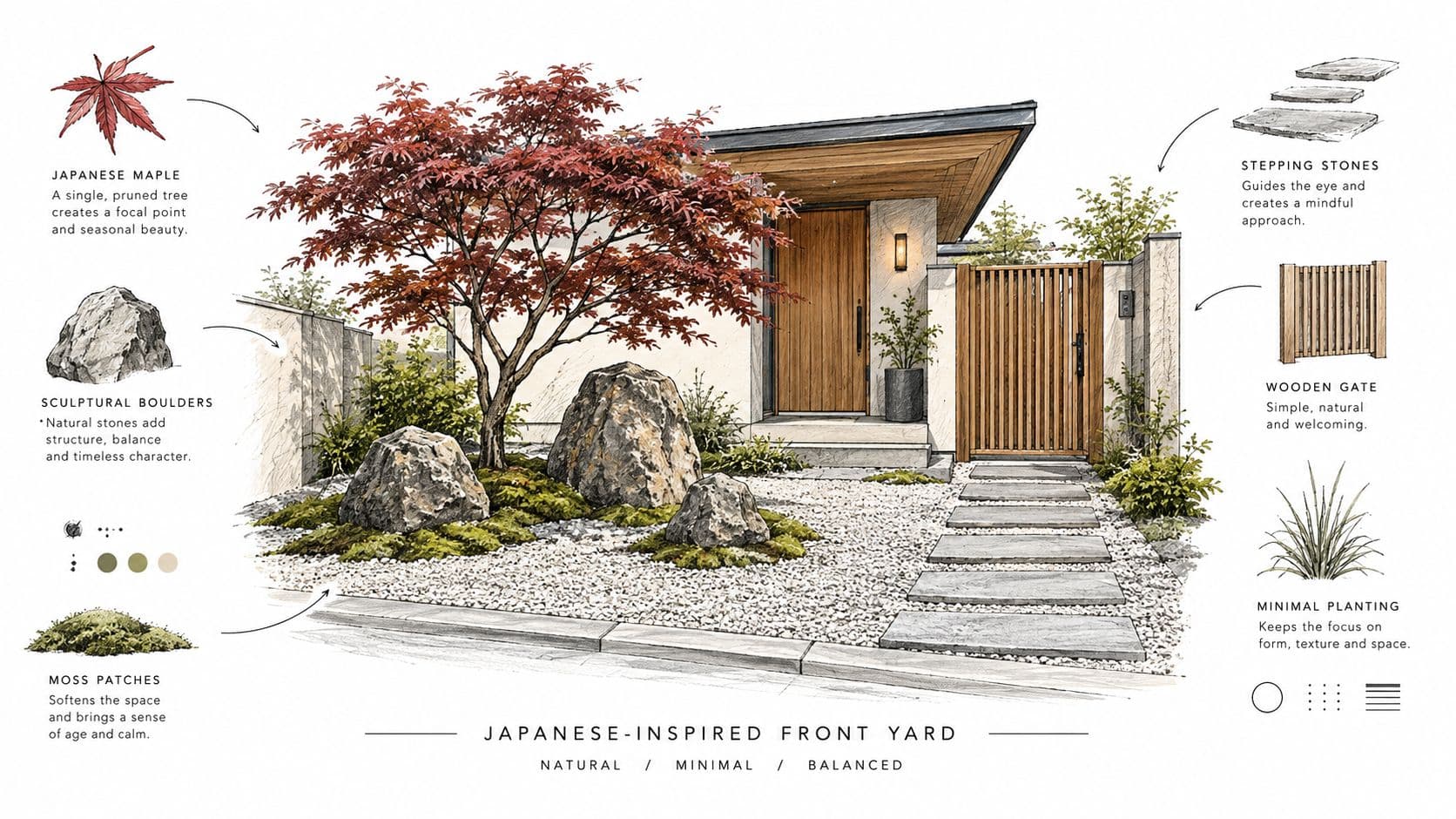 A detailed architectural sketch of a Japanese-inspired modern front yard featuring a maple tree and stones.