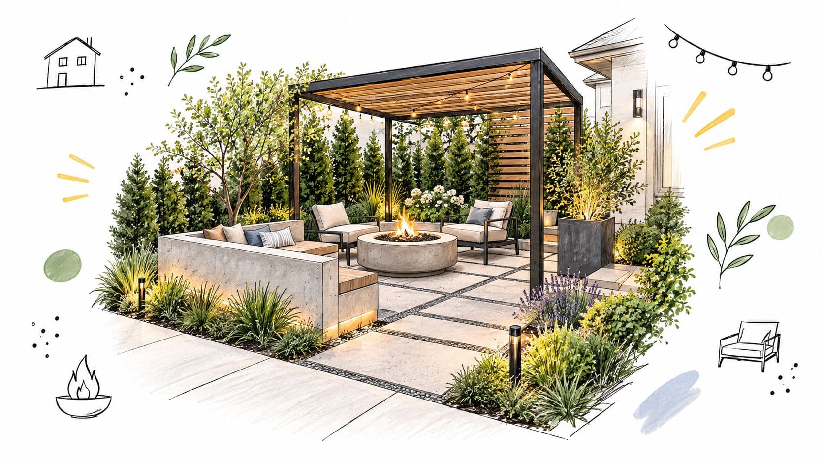 A modern outdoor living space featuring a concrete fire pit, stylish seating, and lush landscaping under a pergola.