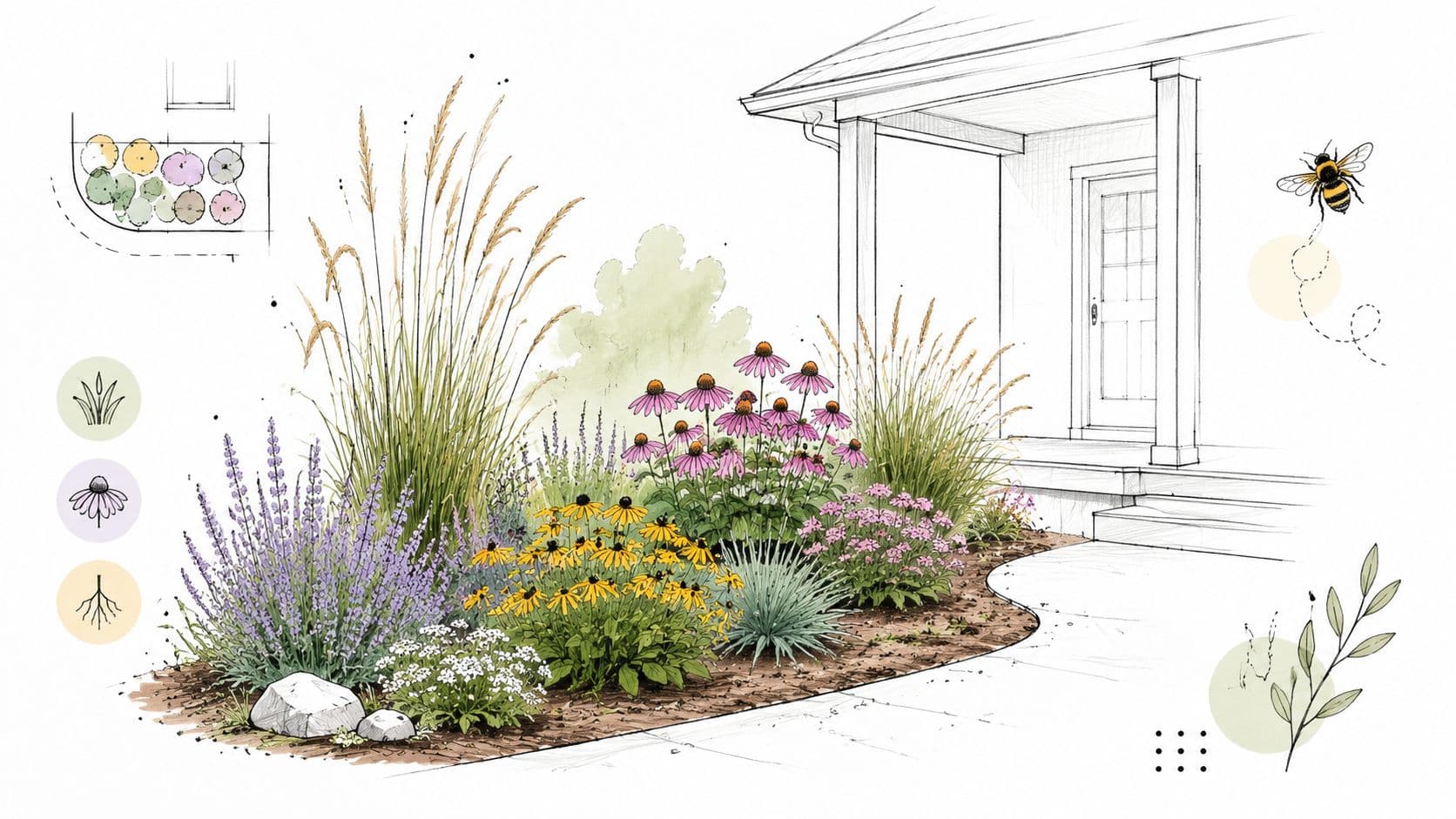 A detailed architectural landscape design sketch showing a pollinator garden with flowers and grasses beside a home.