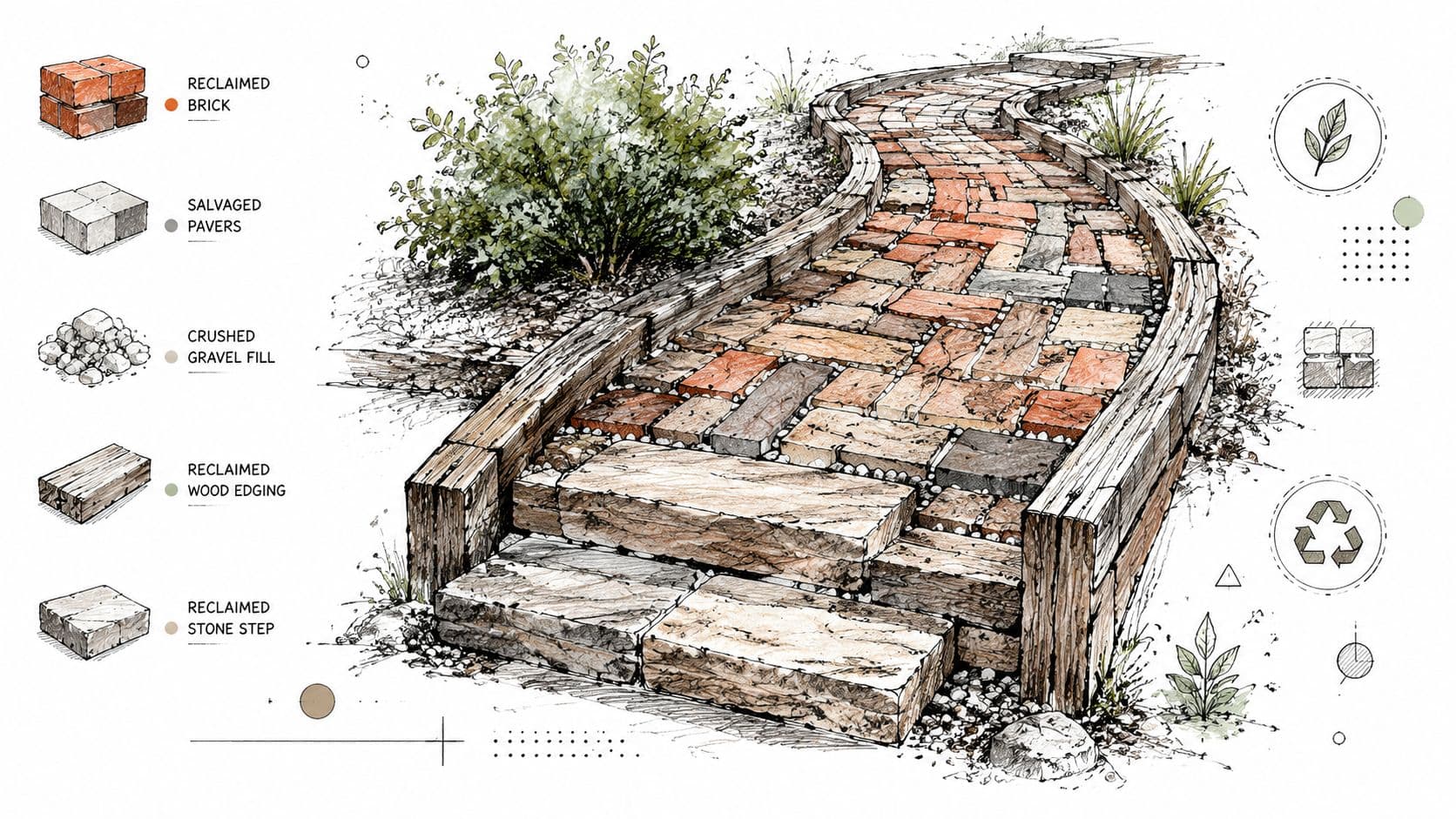 A detailed architectural sketch of a garden pathway made from reclaimed bricks, stone steps, and wood edging.