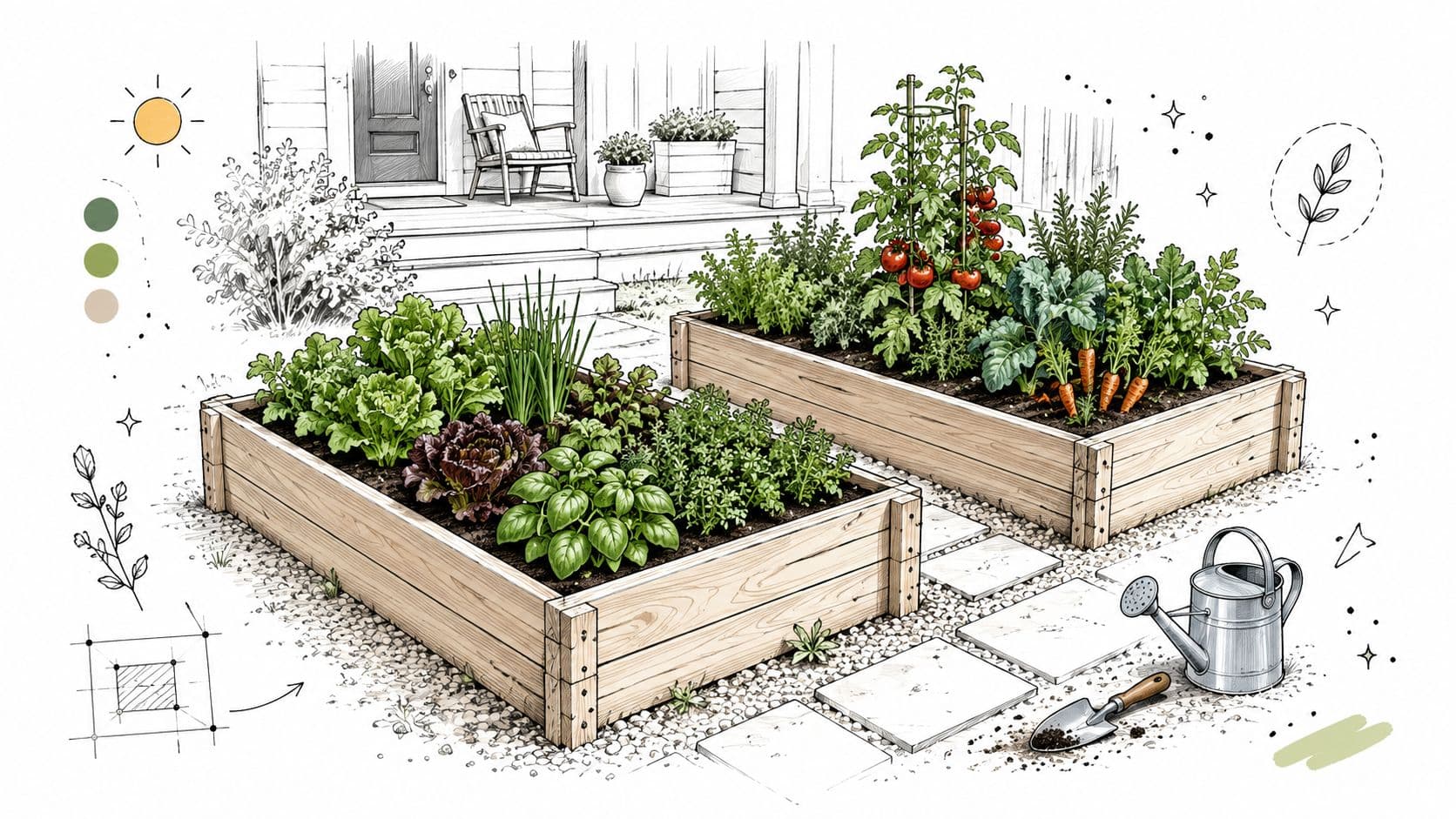 A detailed illustration of two wooden garden beds growing vegetables and herbs in a front yard.