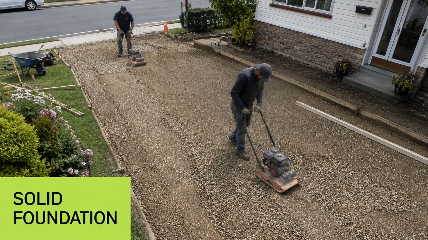 Two construction workers using plate compactors to level a gravel base for a front yard patio.