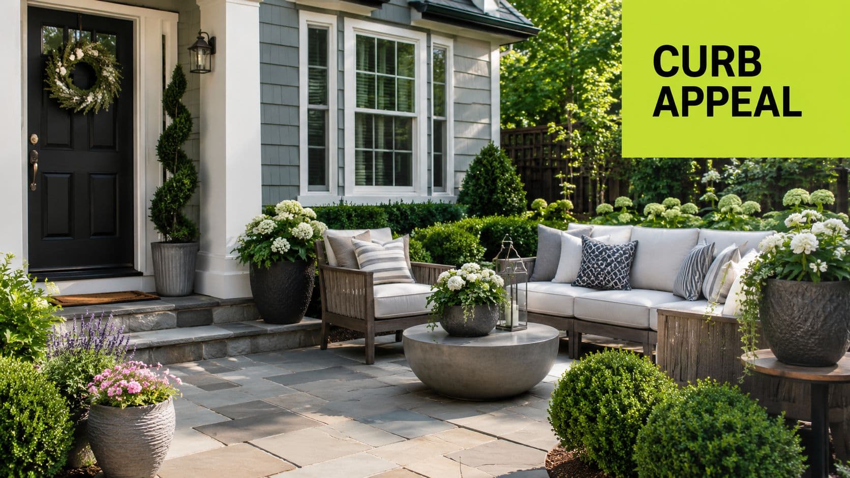 A beautifully landscaped front yard patio featuring comfortable outdoor furniture, potted plants, and stone flooring.