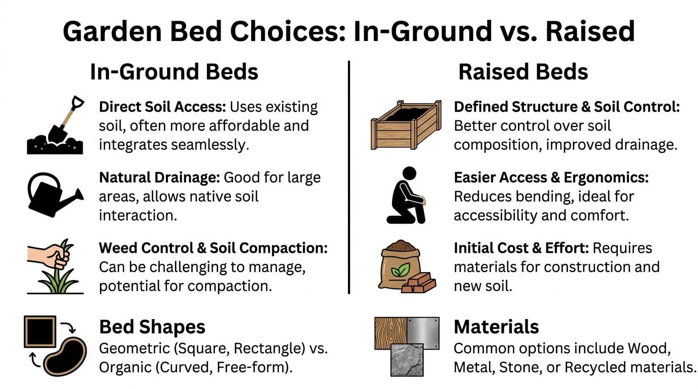 A comparison infographic between in-ground garden beds and raised garden beds highlighting pros, cons, and material options.