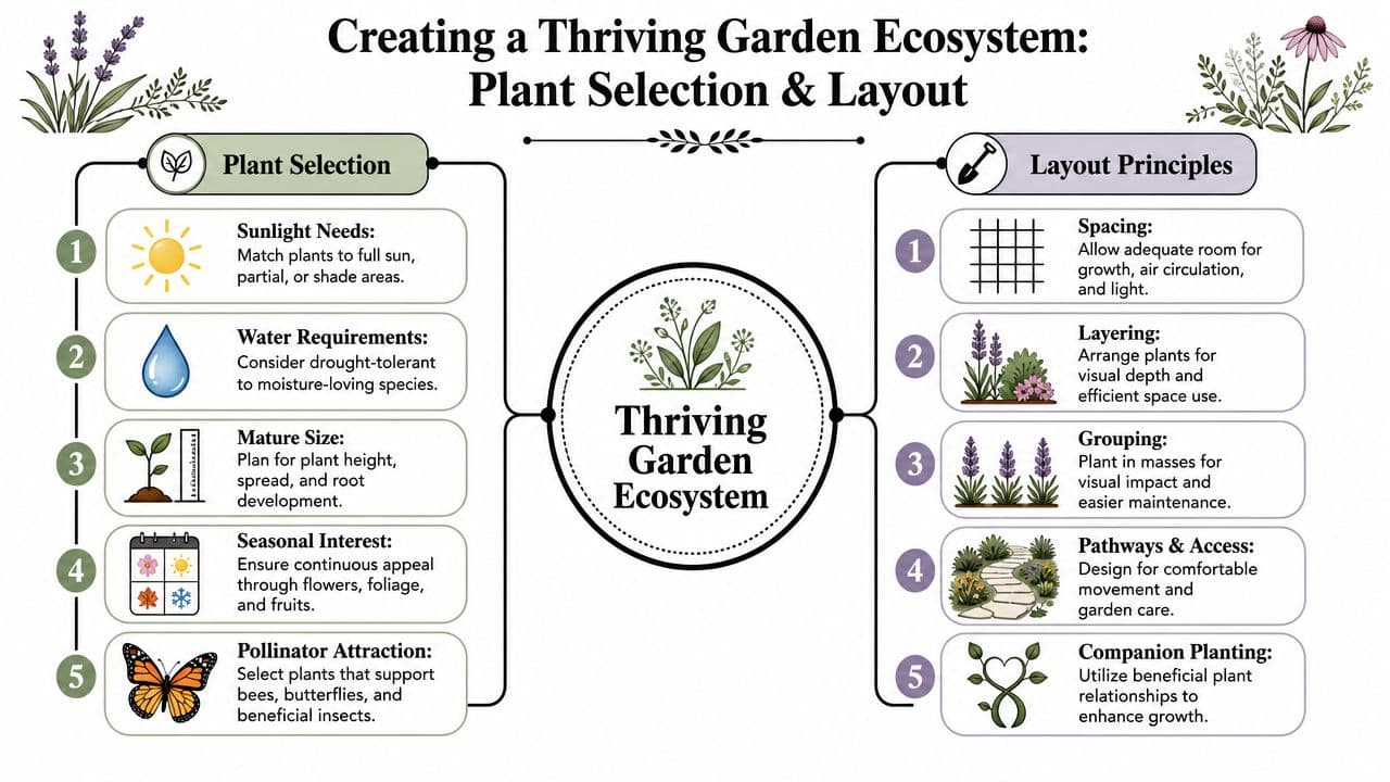 A detailed infographic titled Creating a Thriving Garden Ecosystem illustrating plant selection and layout principles.