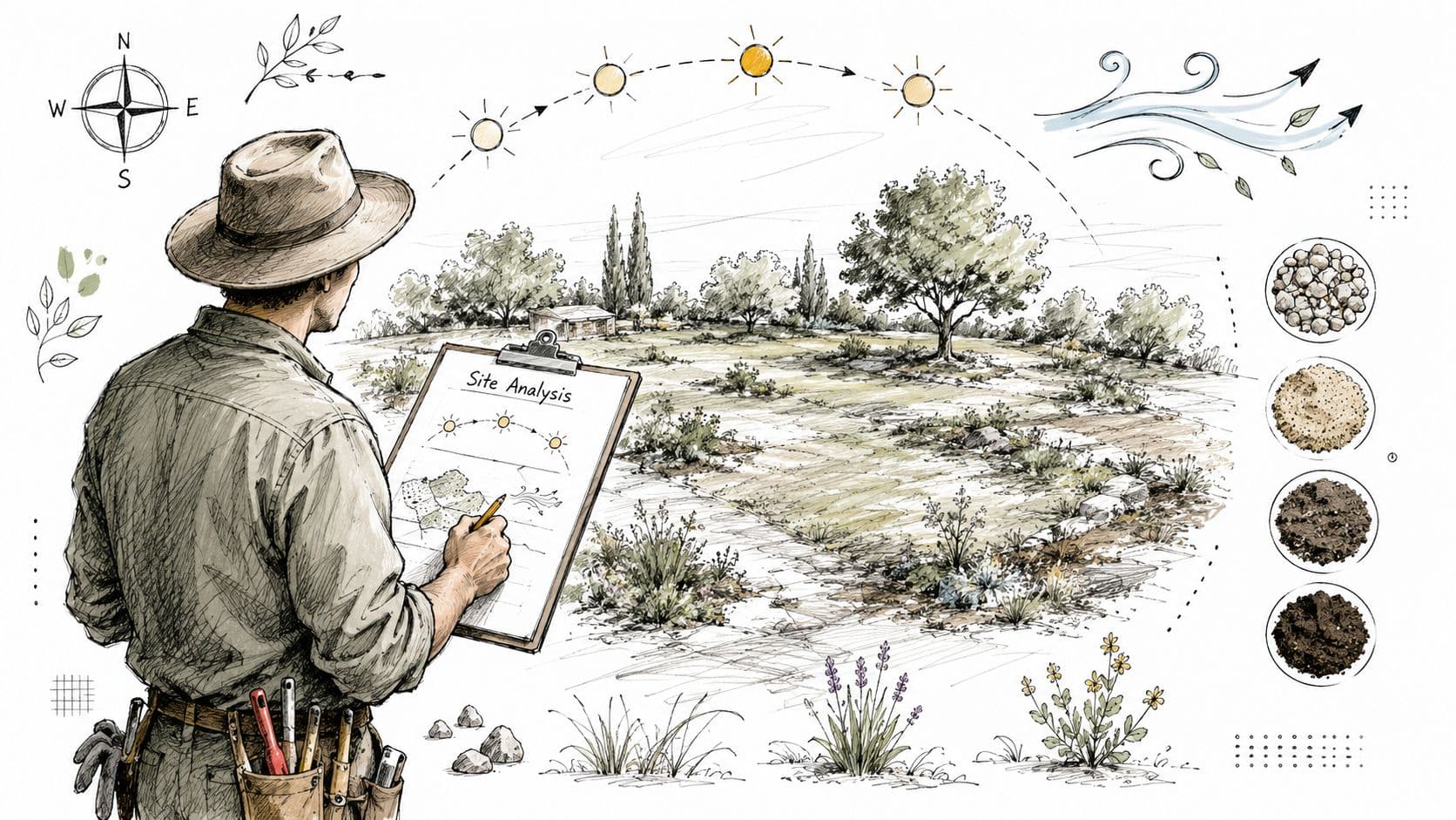 A landscape designer holding a clipboard, analyzing the sunlight and soil composition of a garden field.