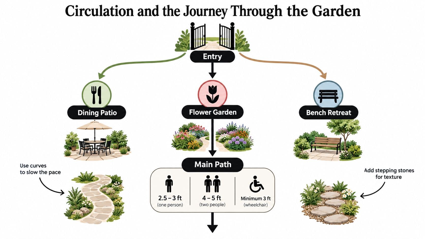 A diagram illustrating garden design and circulation paths leading from an entrance to various garden zones.