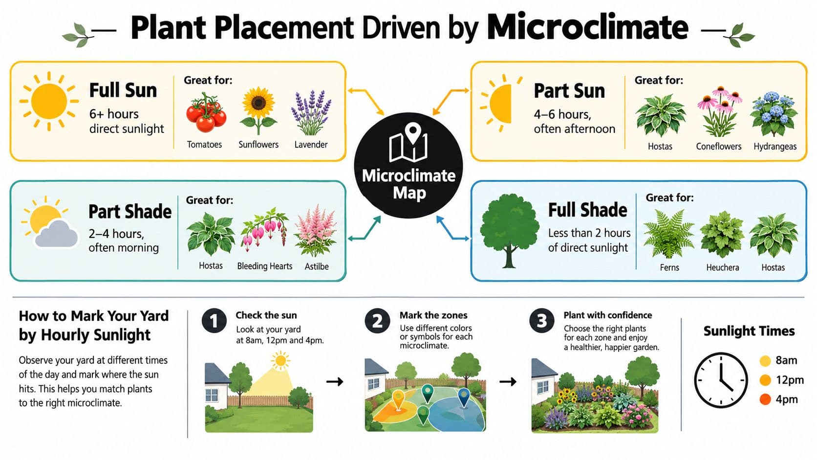 An infographic showing how to plan a garden layout based on sunlight exposure and plant microclimates.