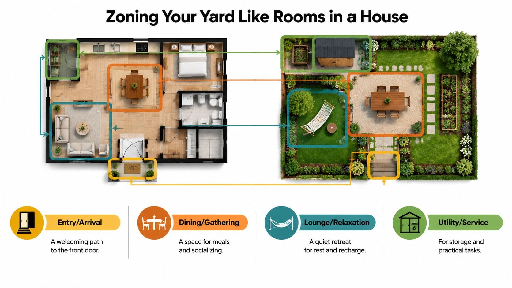 A diagram illustrating how to organize outdoor garden spaces by mirroring the interior room layout of a house.