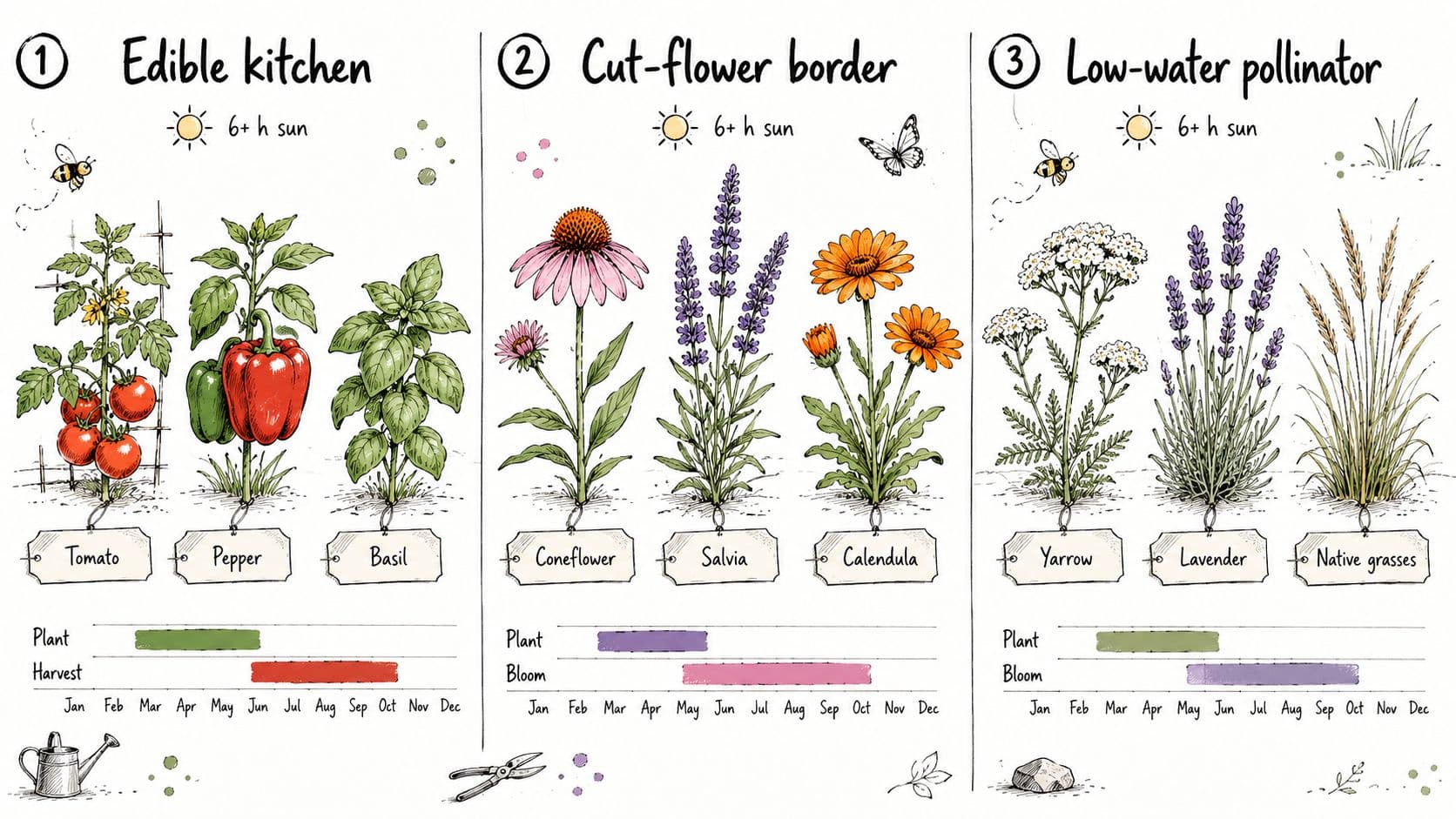 An illustrated guide showing three garden layouts for full sun including edible plants and decorative flowers.