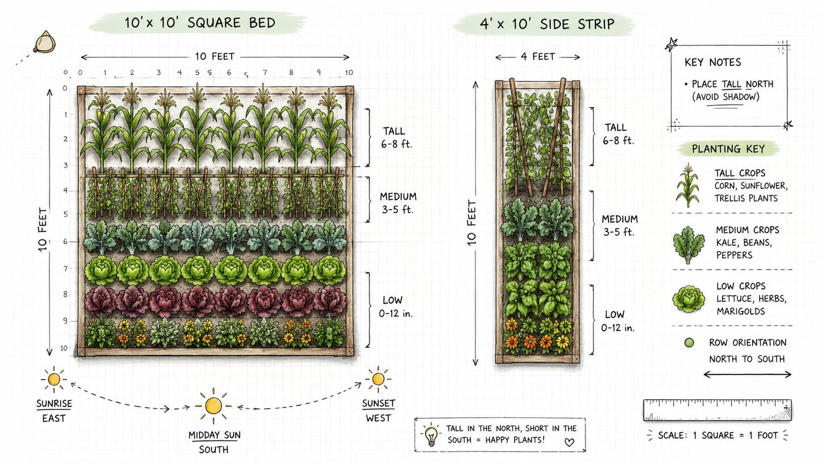 A detailed planting guide for square and rectangular raised garden beds, illustrating crop placement by height.