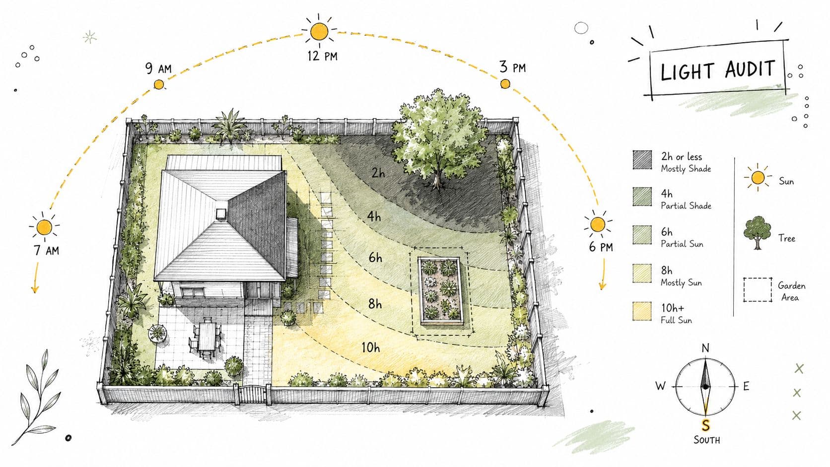 A landscape illustration showing a light audit diagram of a yard with varying sunlight exposure zones.