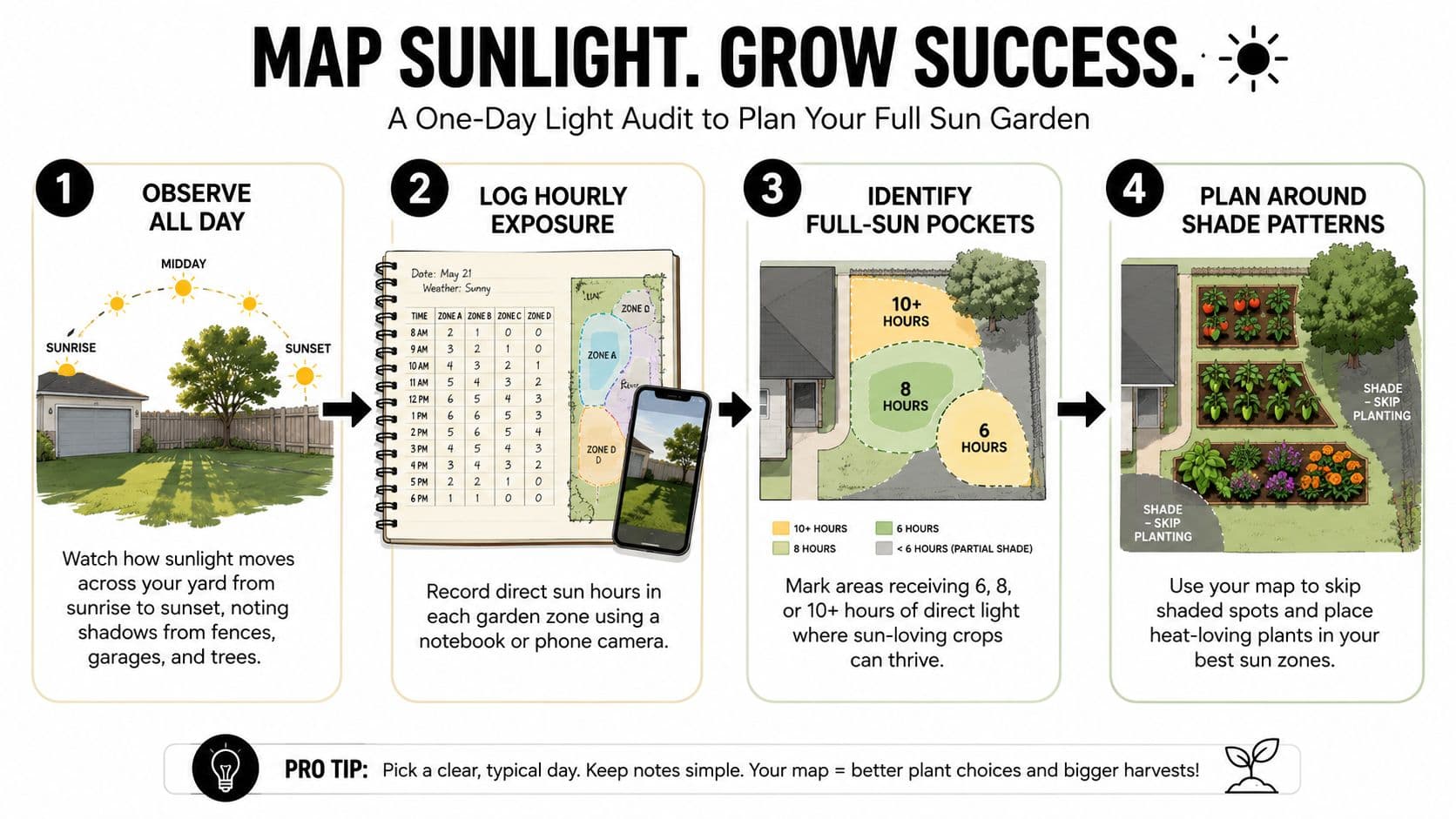 An infographic showing a four-step guide on how to perform a sunlight audit for garden planning.