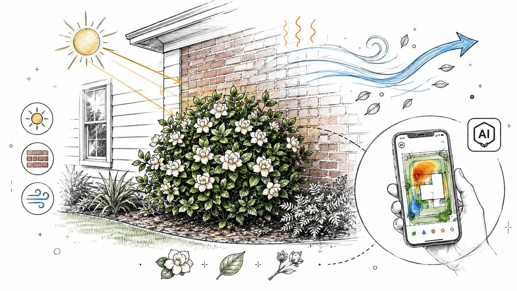 A digital illustration showing a gardenia bush near a brick house, analyzed by an AI phone application.