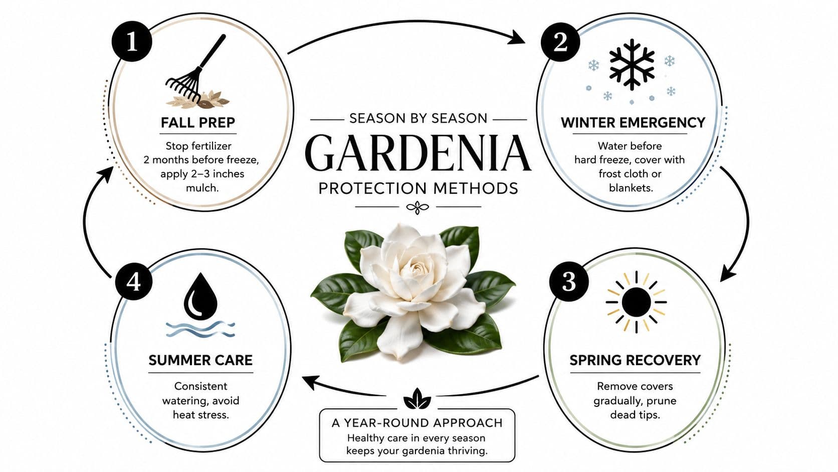 An infographic illustrating seasonal gardenia protection methods for year-round plant care including preparation, winter, spring, and summer.