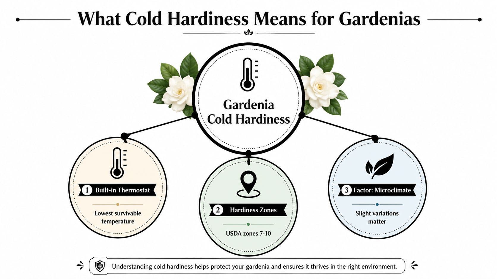An infographic explaining the cold hardiness of gardenia plants, highlighting zones, thermostats, and microclimates.