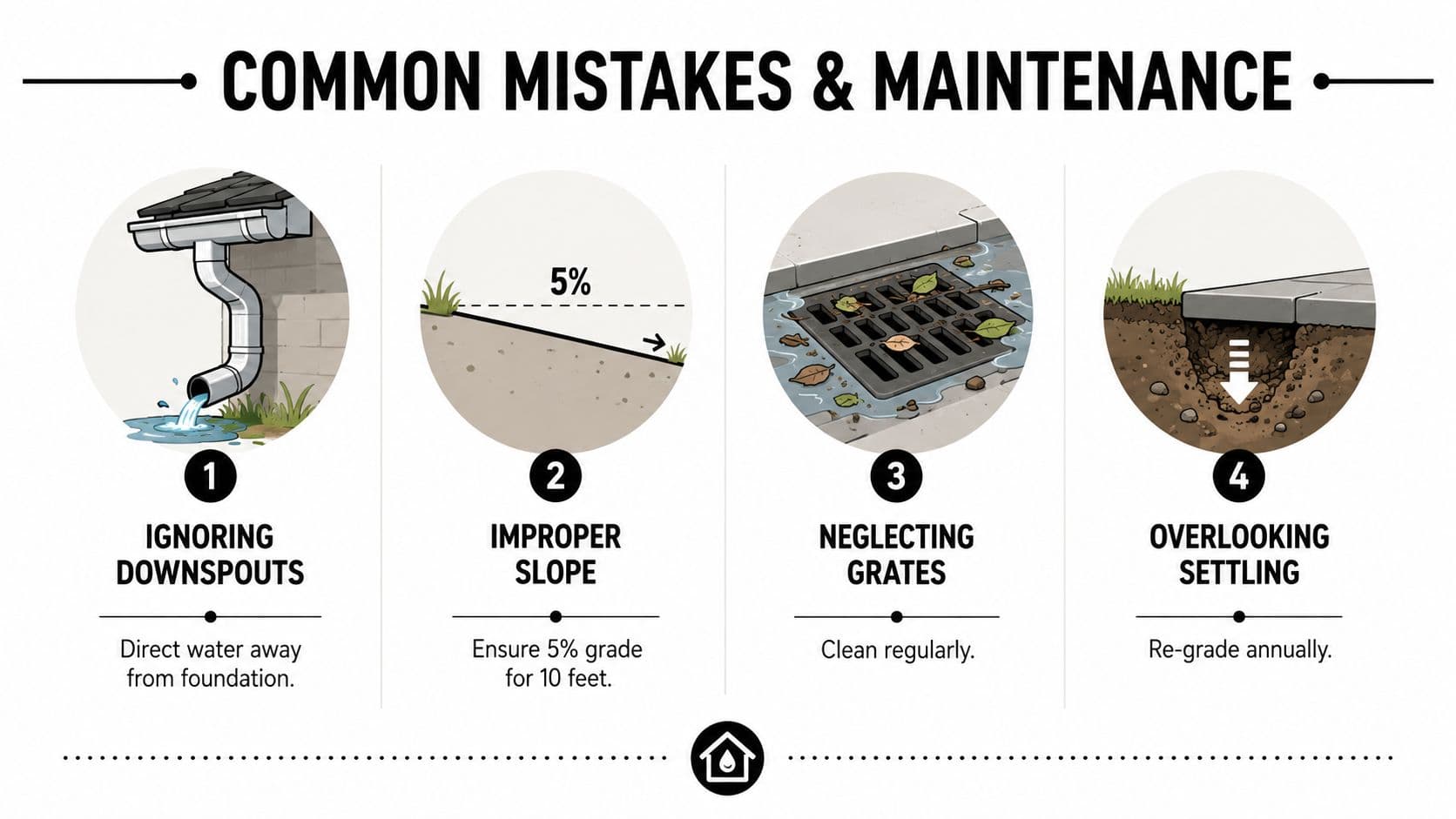An infographic detailing four common home maintenance mistakes regarding proper grading and drainage around the foundation.