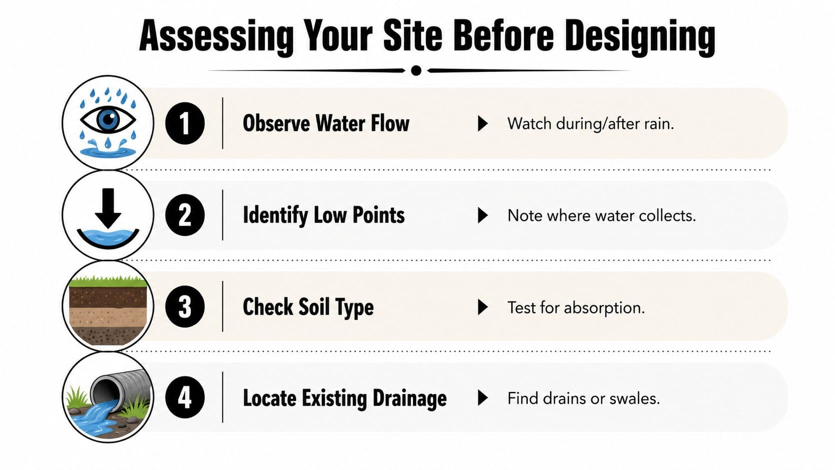 An infographic titled Assessing Your Site Before Designing showing four key steps for land drainage planning.