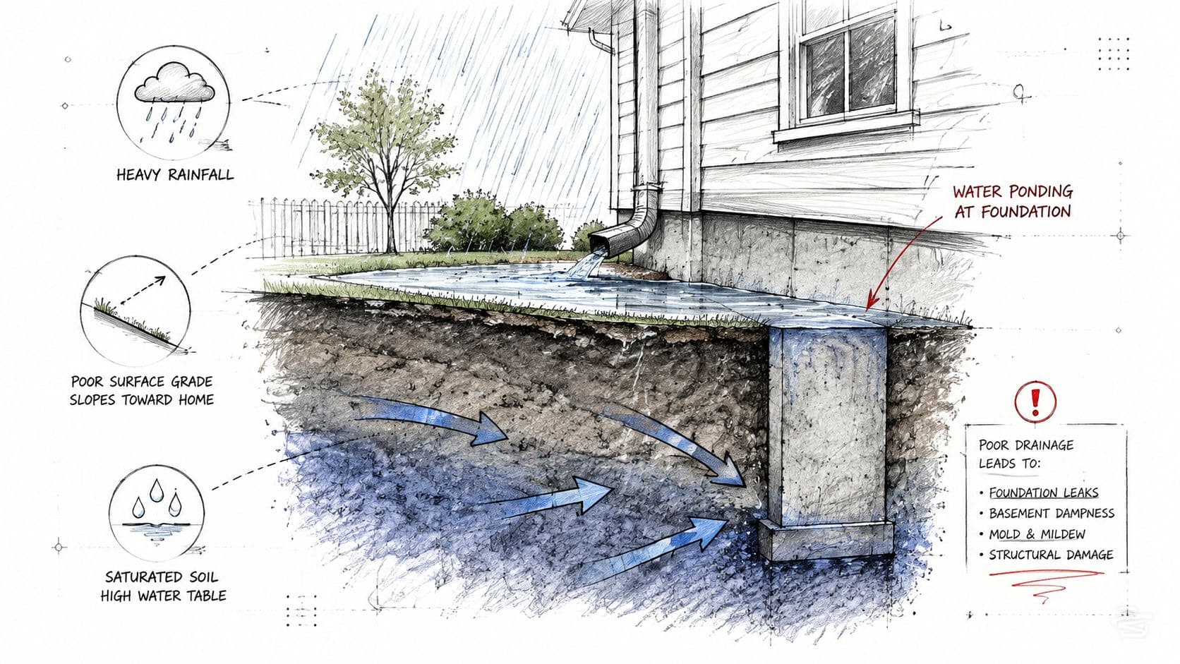 A diagram illustrating how poor home grading, heavy rainfall, and high water tables cause foundation water damage.