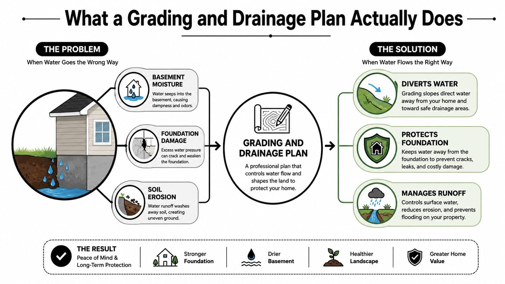 An infographic illustrating how a grading and drainage plan prevents foundation damage, basement moisture, and soil erosion.