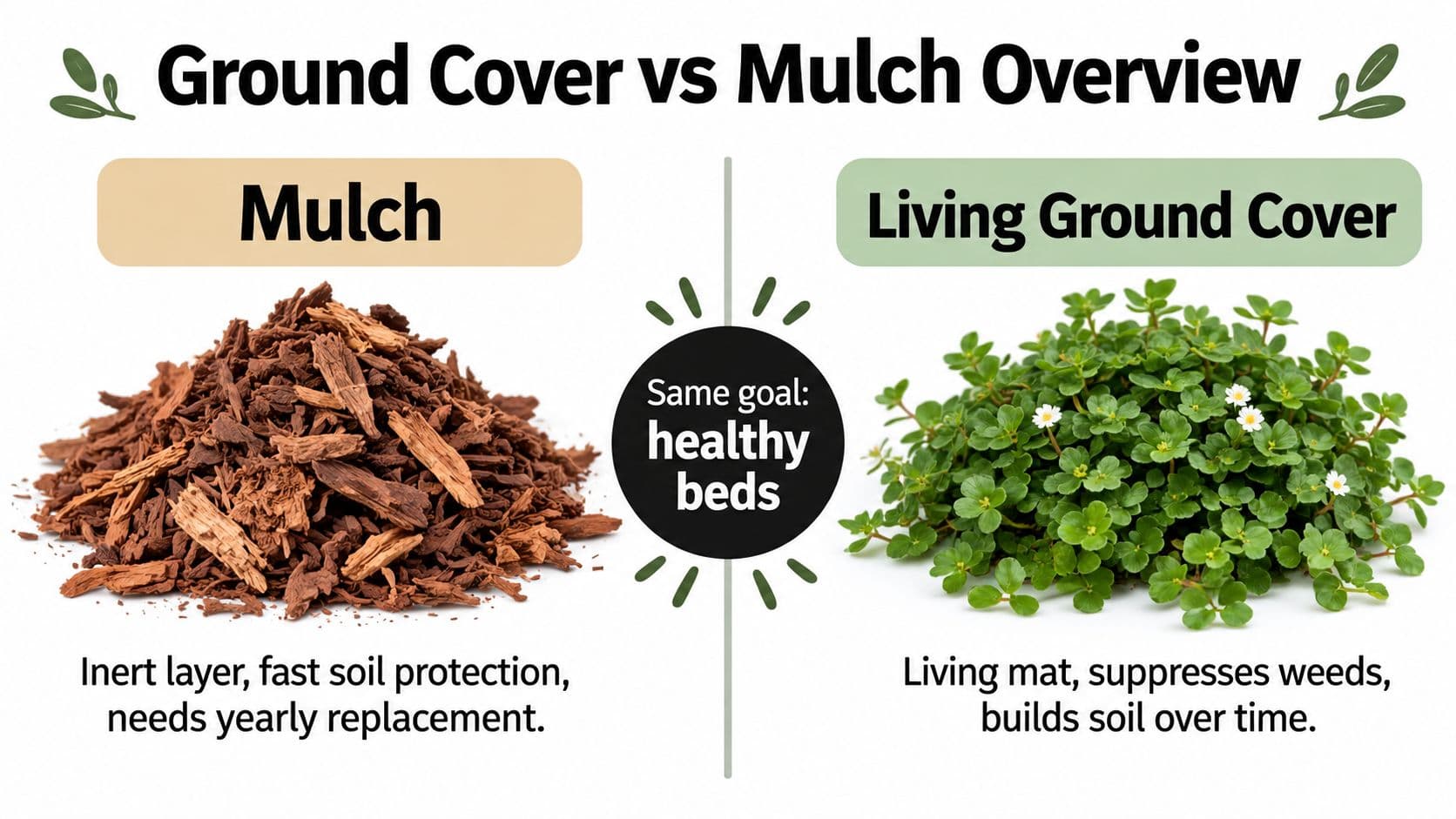 A comparison chart showing the differences between traditional wood mulch and a living ground cover plant.