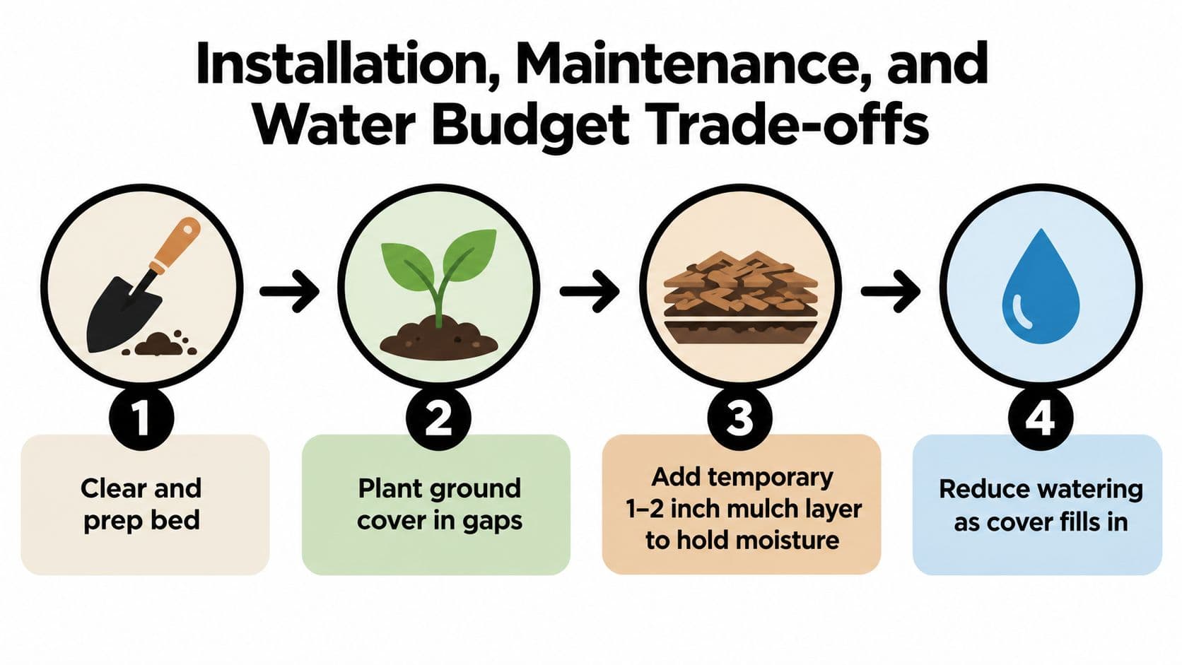 A four-step infographic illustrating the installation, maintenance, and water budget trade-offs for planting ground cover.