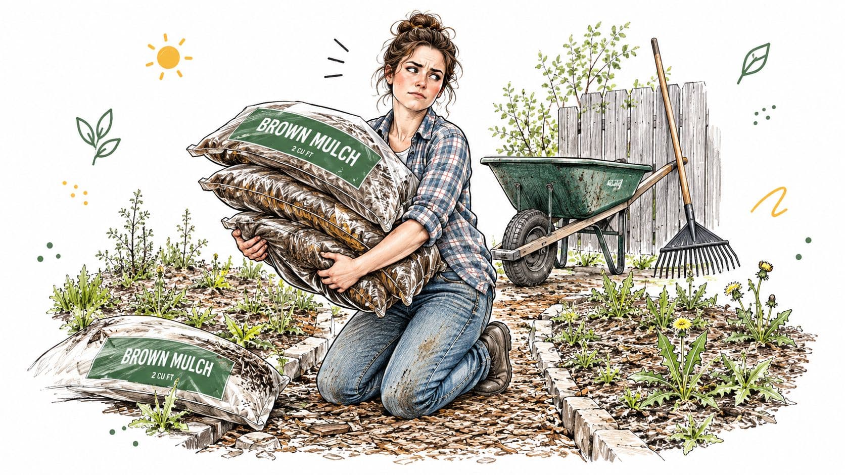 A tired woman kneeling in a garden, holding heavy bags of brown mulch for landscaping.