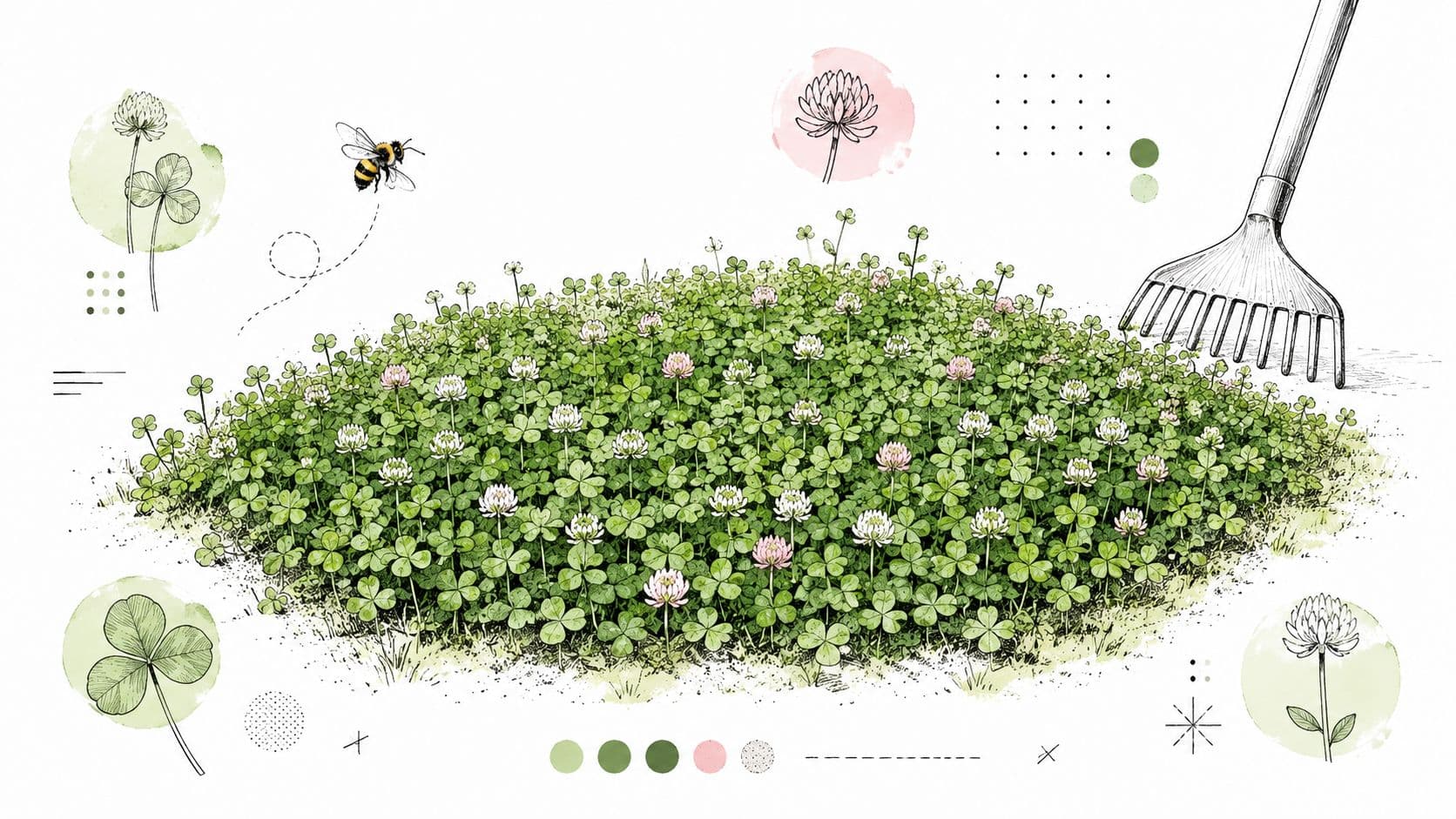 A botanical illustration of a lush clover lawn with a bumblebee, a rake, and clover flower details.