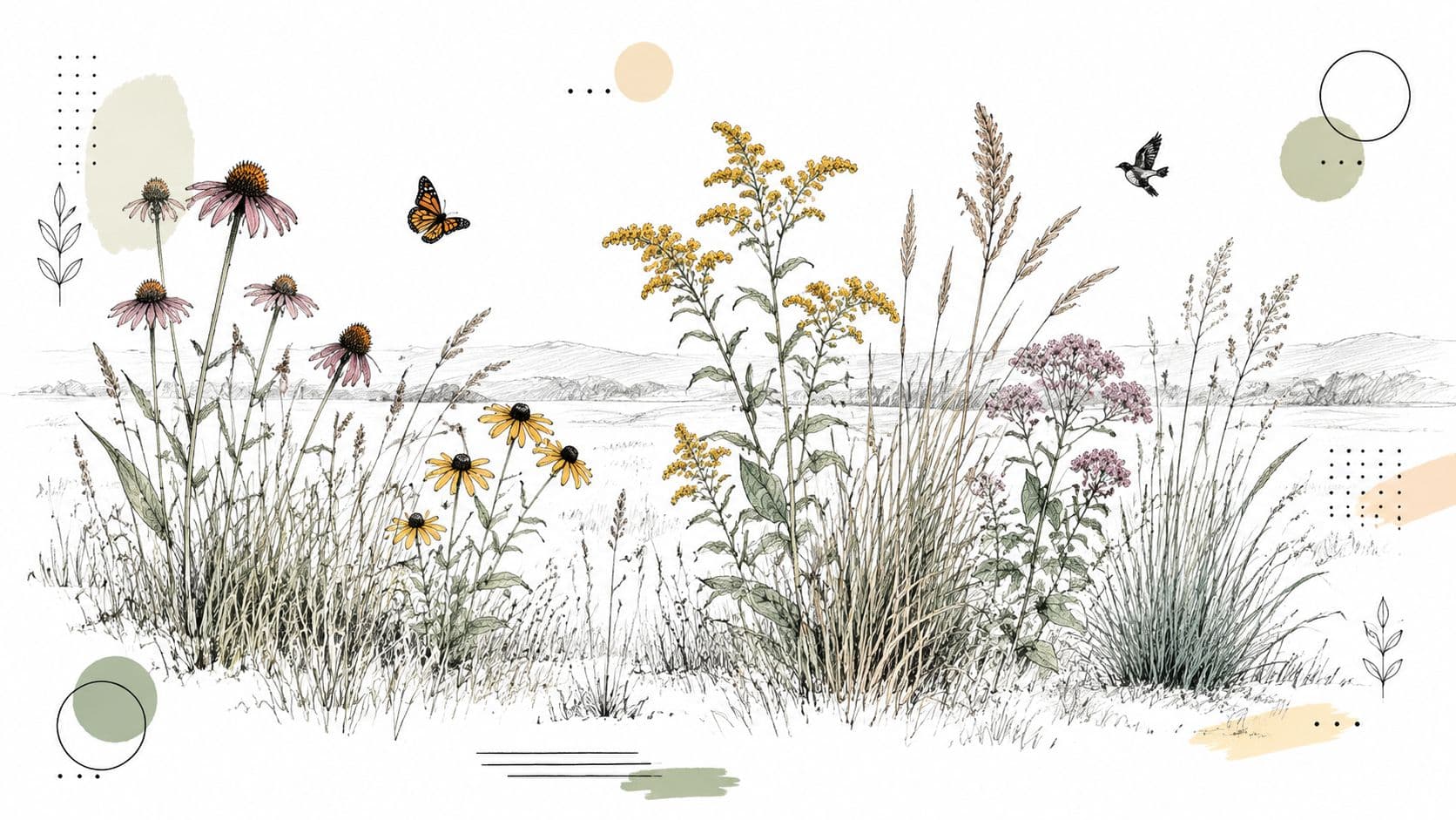 A botanical illustration featuring wildflowers, meadow grasses, a monarch butterfly, and a small bird.