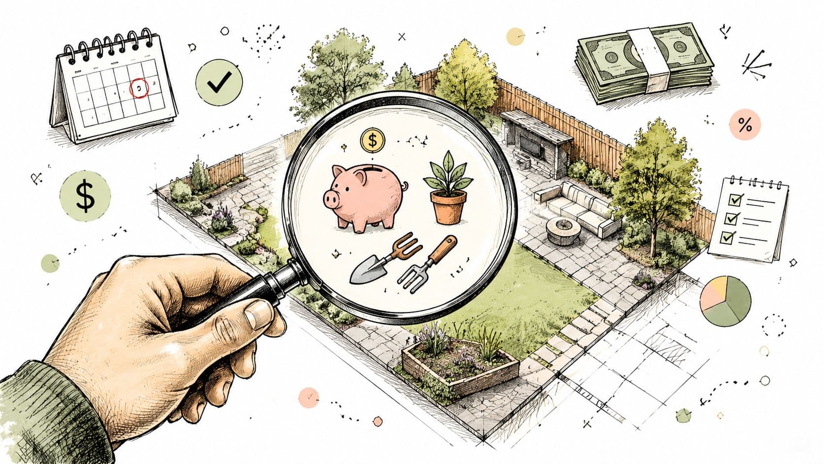 A hand holds a magnifying glass over a backyard landscape design illustration with gardening tools and money.