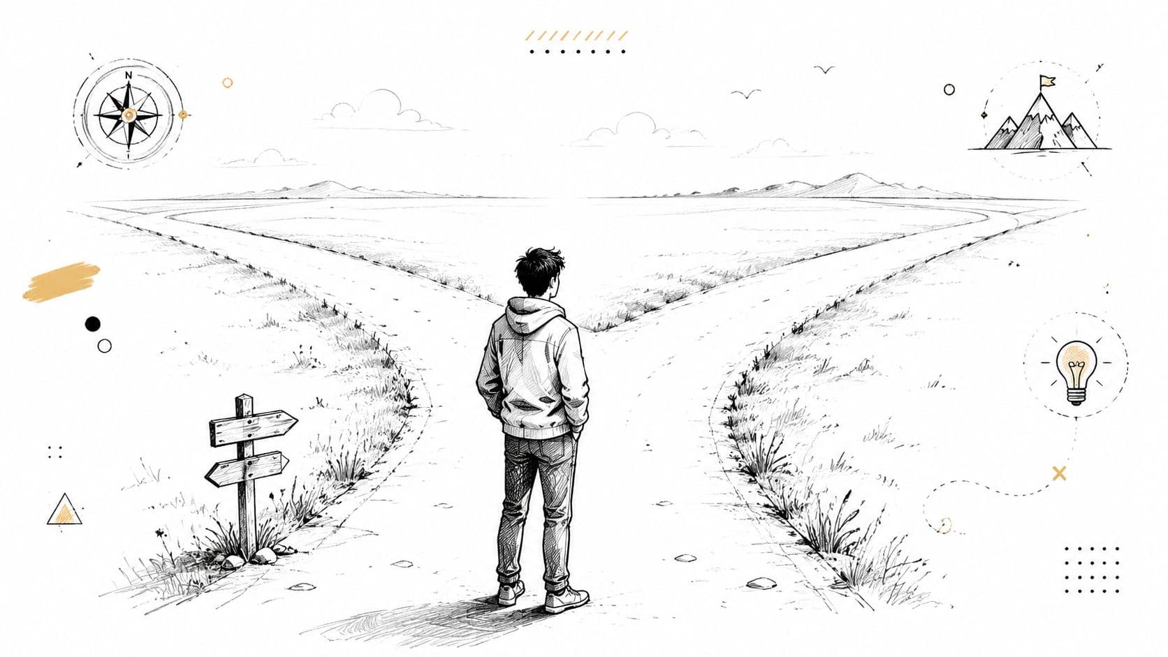 A sketched illustration of a young man standing at a fork in the road deciding his future path.