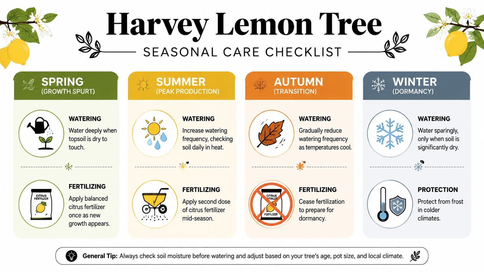 A seasonal care checklist infographic for Harvey Lemon Trees, detailing watering and fertilizing tips throughout the year.