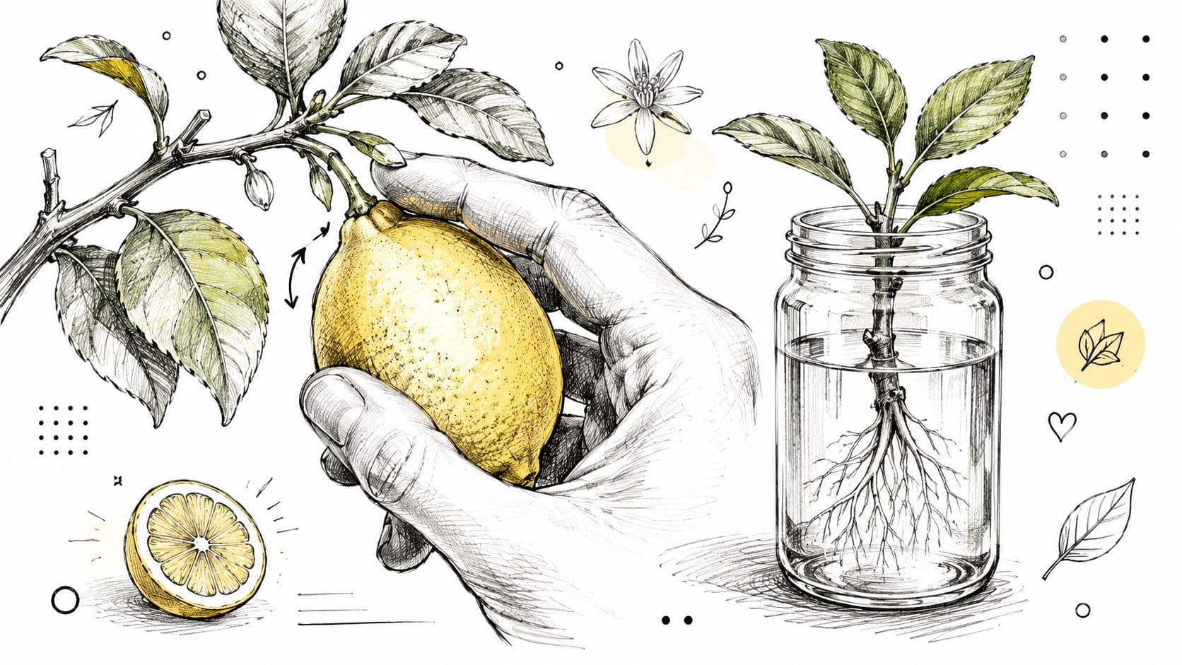 A hand picking a lemon from a branch next to a lemon cutting propagating in a jar.