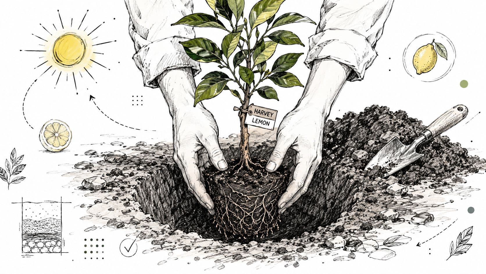 An illustration showing a person's hands planting a small Harvey lemon tree into a hole in soil.