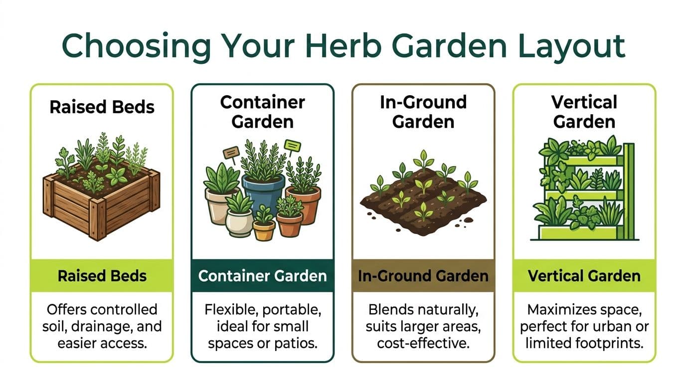 A diagram comparing four different types of herb garden layouts including raised beds, containers, in-ground, and vertical.