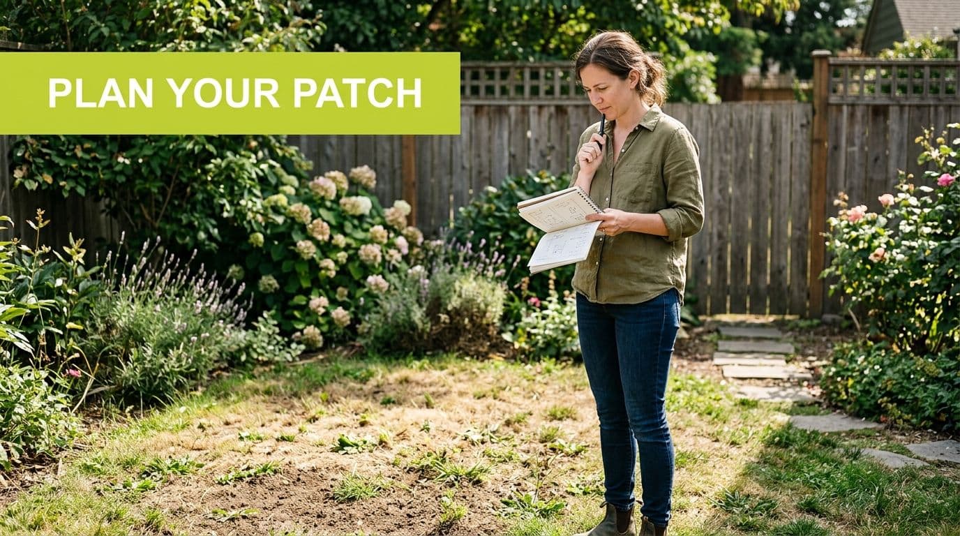 A woman stands in a garden thinking while sketching a plan in her notebook for landscaping.