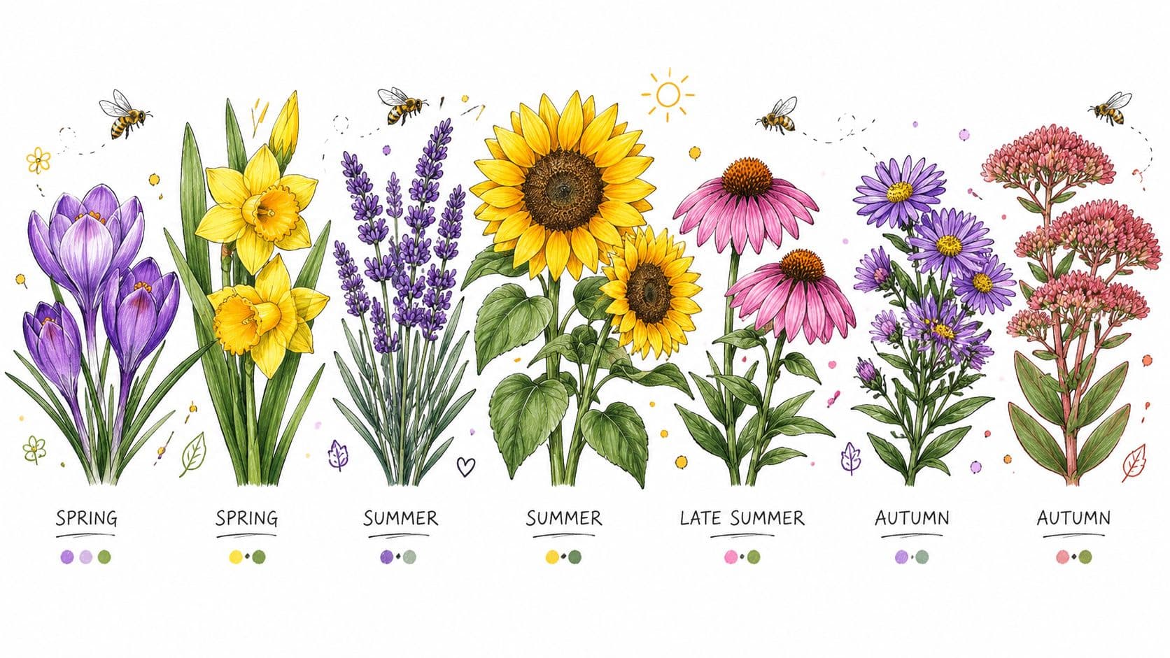 A colorful botanical illustration showing various flowers like daffodils, sunflowers, and lavender throughout the changing seasons.
