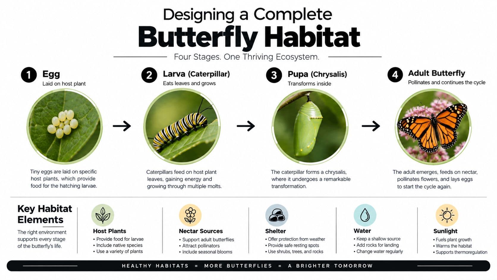 An infographic showing the four stages of a butterfly life cycle and essential habitat elements.