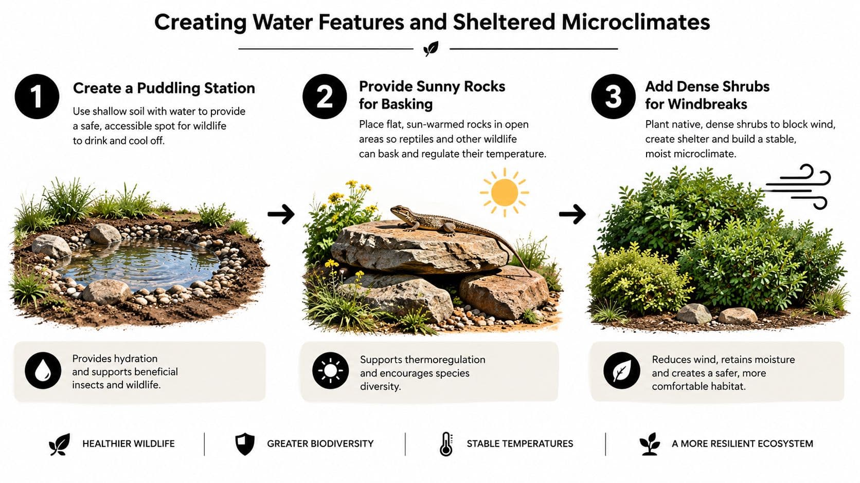 A diagram illustrating three steps to create water features and sheltered microclimates for a wildlife-friendly garden.