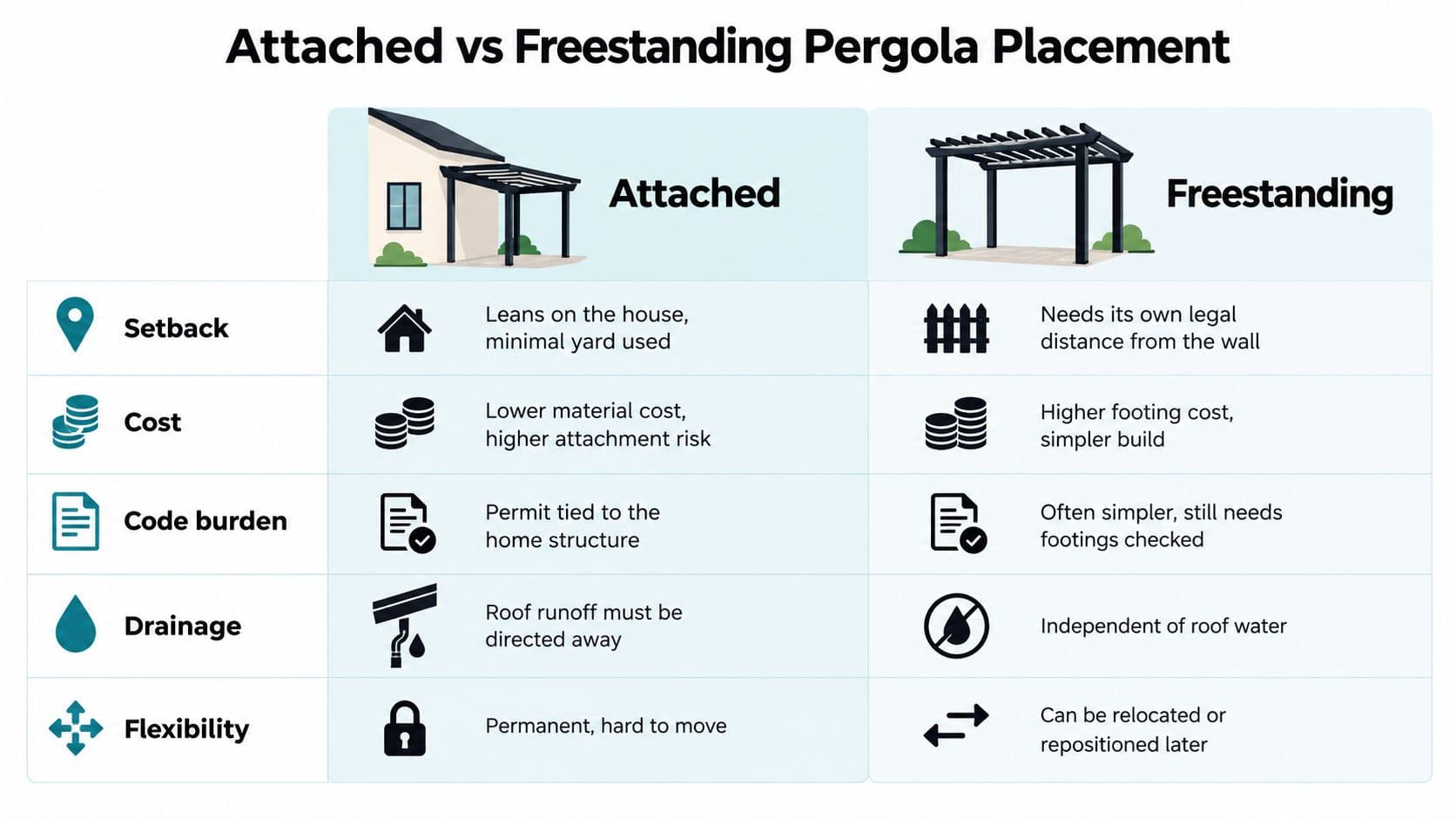 A comparison chart outlining the differences in placement, cost, and flexibility between attached and freestanding backyard pergolas.