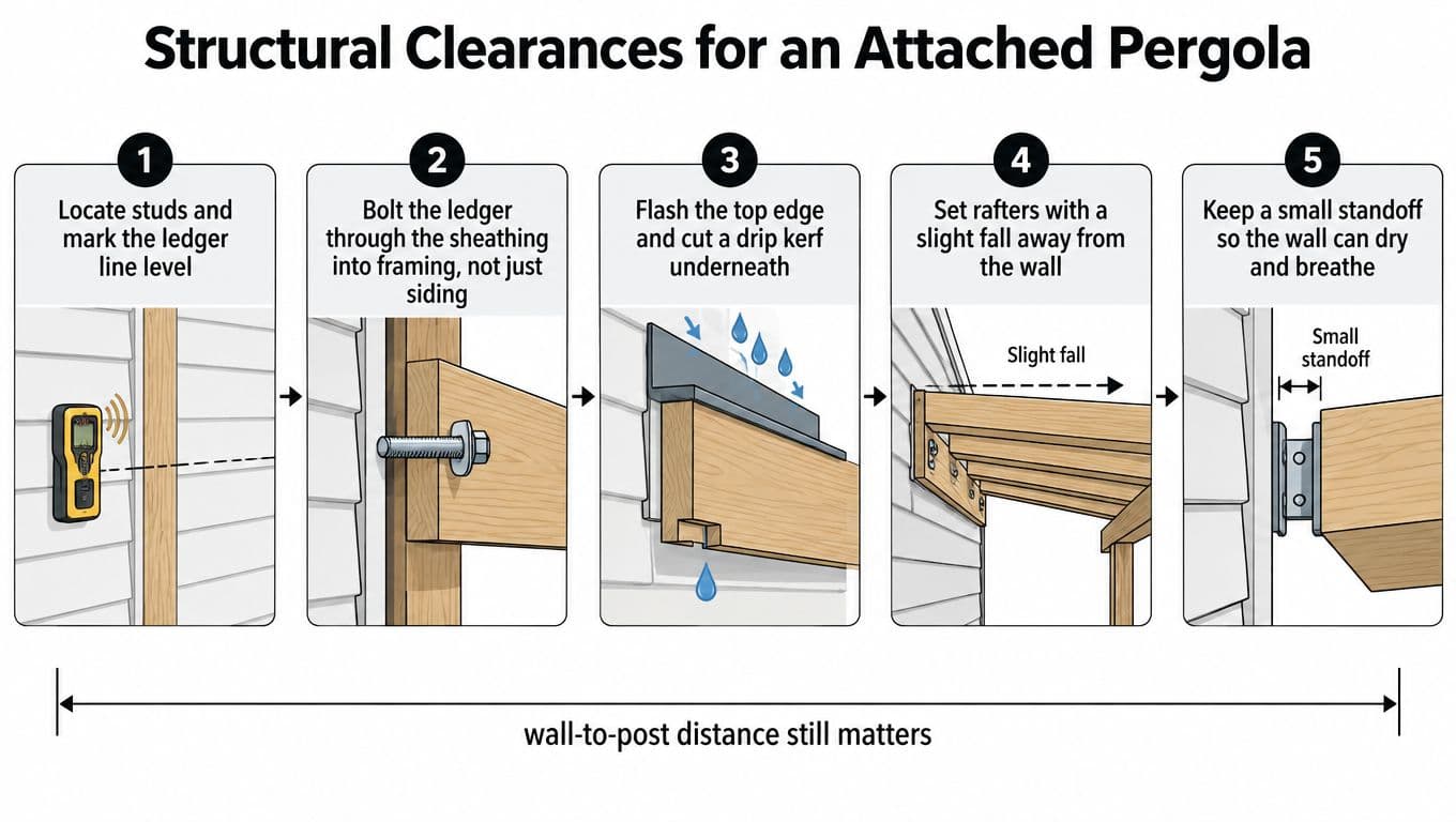 A five-step instructional diagram showing structural clearance techniques for attaching a wooden pergola to a house wall.