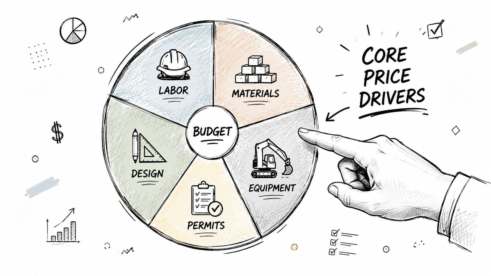 A hand points to a chart showing the five core price drivers of a construction budget.