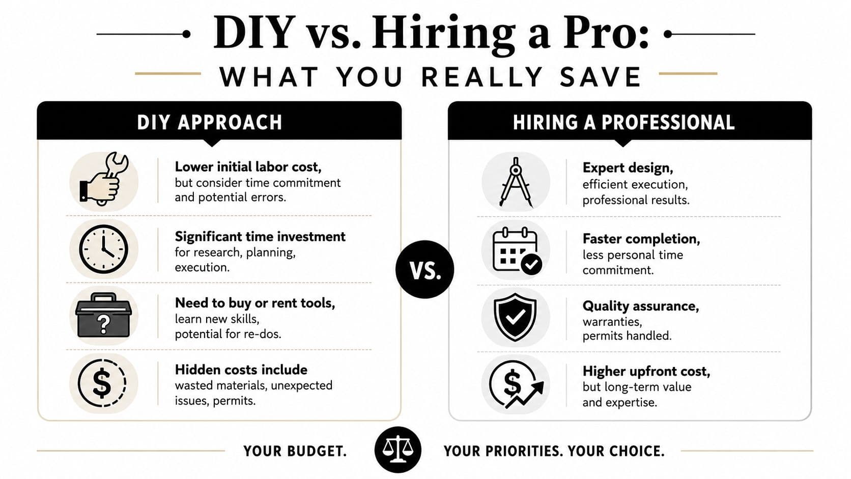 A comparison chart showing the benefits and considerations of choosing DIY versus hiring a professional contractor.